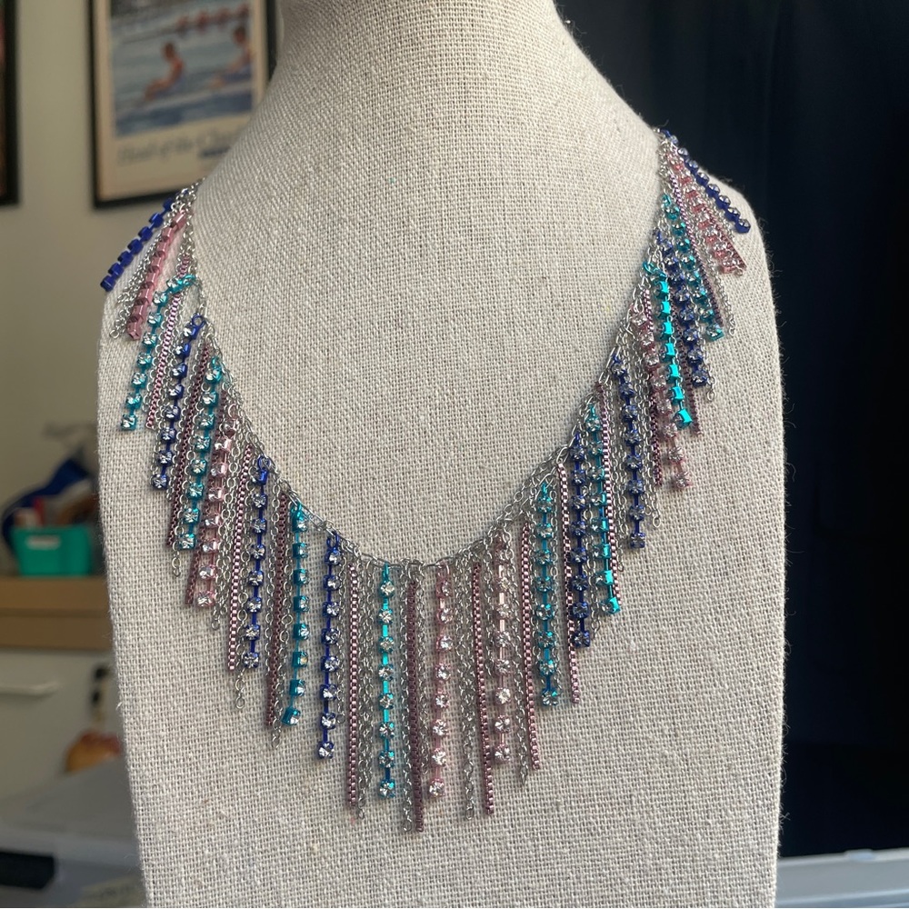 BCBG Generation multi color rhinestone fringe necklace, NWT.